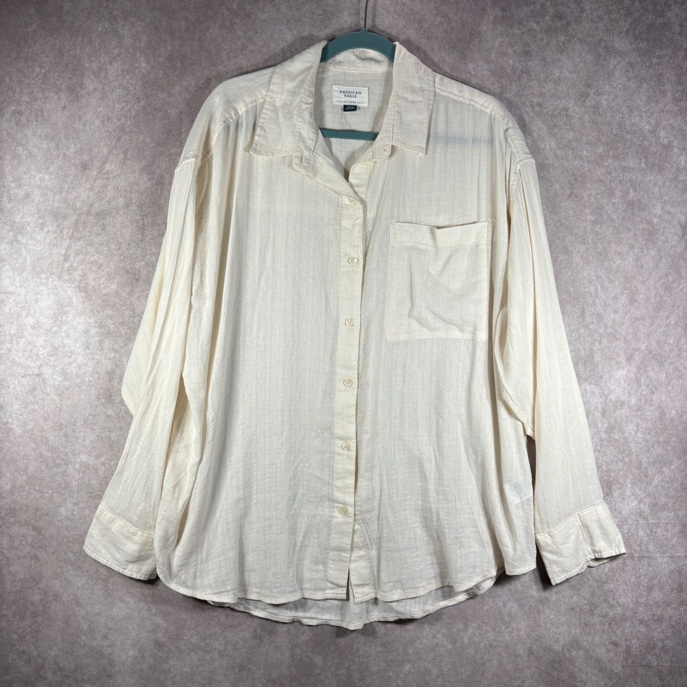 American Eagle Button Up Shirt Women Large Cream Oversized Long Sleeve Textured